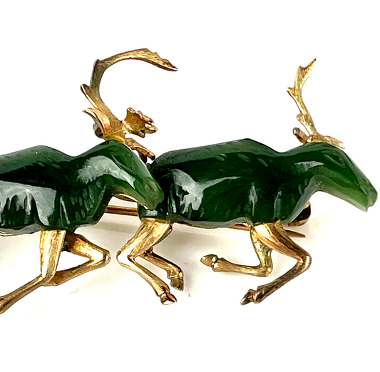 14K Gold & Jade Custom Made Hong Kong Deer Antelope Brooch