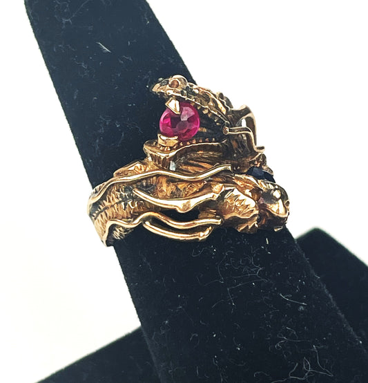14K Gold Ruby & Sapphire Modernist Brutalist Scandinavian Ring
